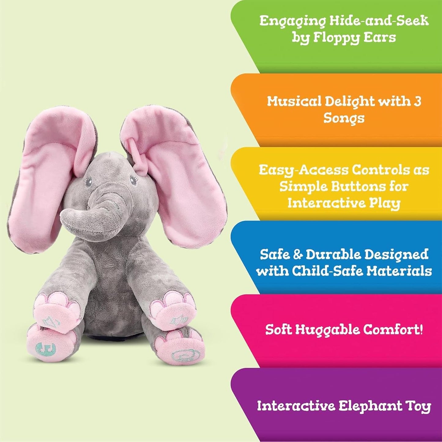 Kaia Interactive Animated Singing & Peek-A-Boo Plush Elephant Stuffed Animal W/Floppy Ears - Easter Basket Stuffers for Toddler - Musical Baby Toy - Baby Easter Gift for Kids, Battery Included